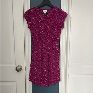 LuLaRoe Carly Dress‎ Magenta Geometric Knit Pocket High Low Girls 12 Casual